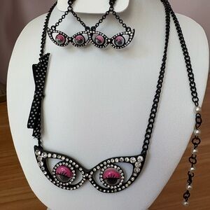 Betsey Johnson Cat Eye Glasses Dangle Earrings Rhinestone Pink Eyes